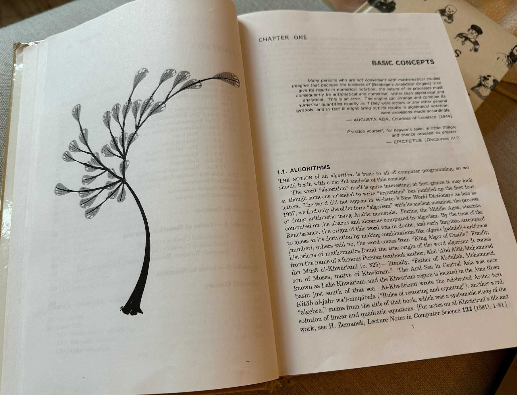 The first page of Chapter One of The Art of Computer Programming, has a interpretative image of a tree with flowing branches